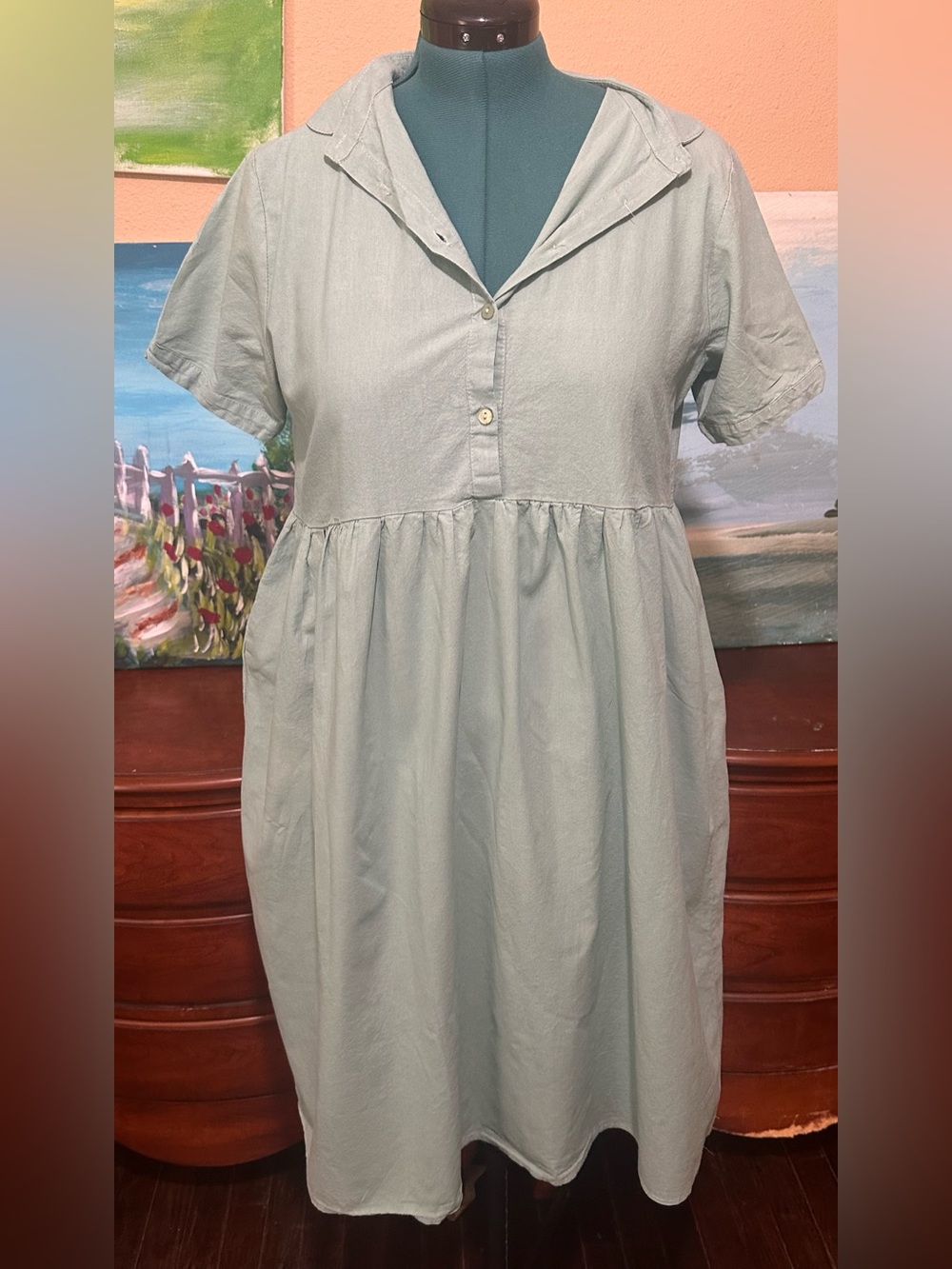 Light Sage Button Front Cotton Shirt Dress